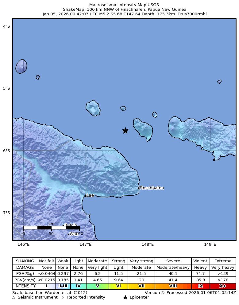 USGS ShakeMap intensity contours for the M5.2 earthquake near 103 km N of Finschhafen, Papua New Guinea