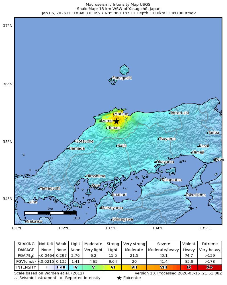 USGS ShakeMap intensity contours for the M5.7 earthquake near 13 km WSW of Yasugichō, Japan