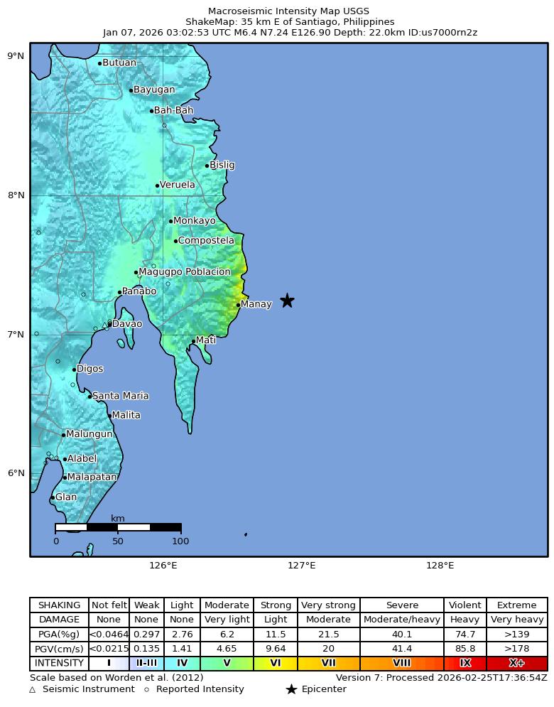 USGS ShakeMap intensity contours for the M6.4 earthquake near 35 km E of Santiago, Philippines