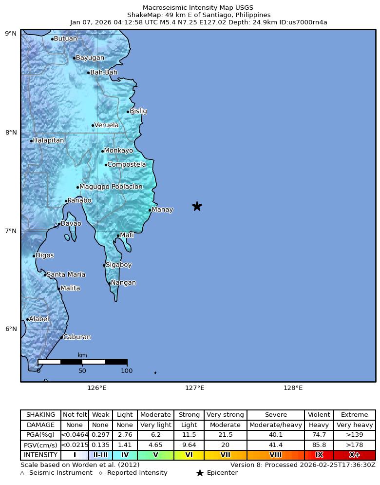 USGS ShakeMap intensity contours for the M5.4 earthquake near 49 km E of Santiago, Philippines