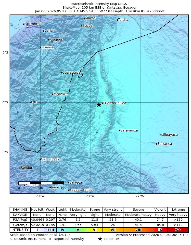 USGS ShakeMap intensity contours for the M5.5 earthquake near 105 km ESE of Yantzaza, Ecuador