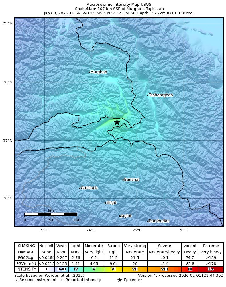 USGS ShakeMap intensity contours for the M5.1 earthquake near 104 km SSE of Murghob, Tajikistan