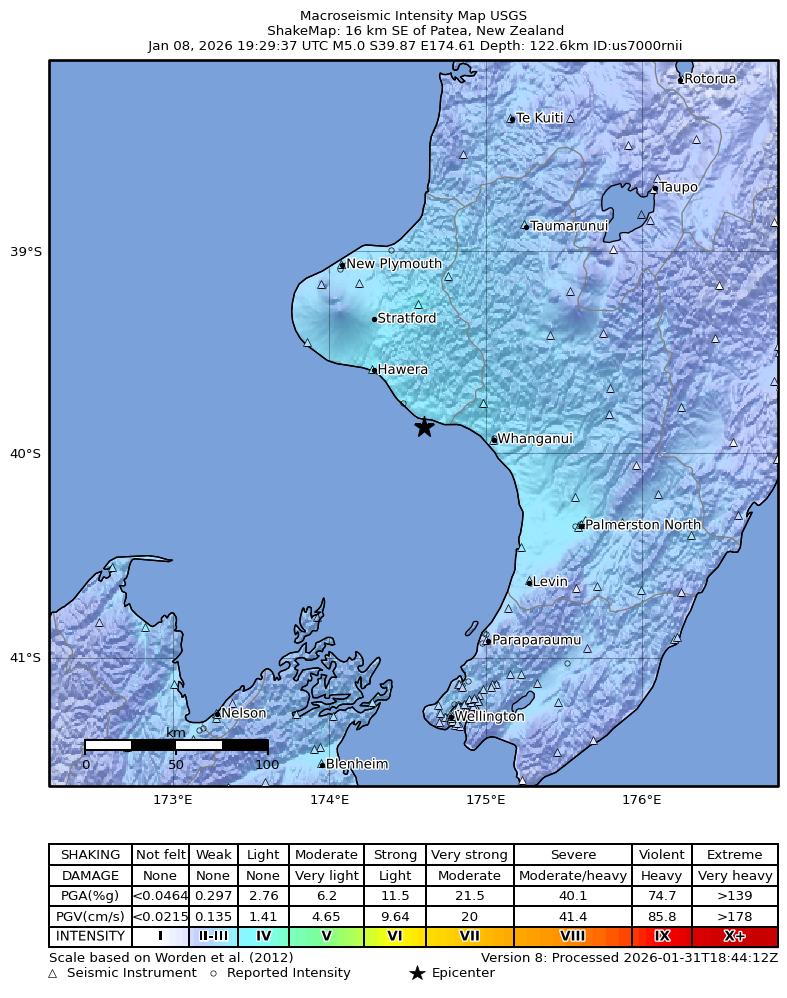 USGS ShakeMap intensity contours for the M5.0 earthquake near 16 km SE of Patea, New Zealand