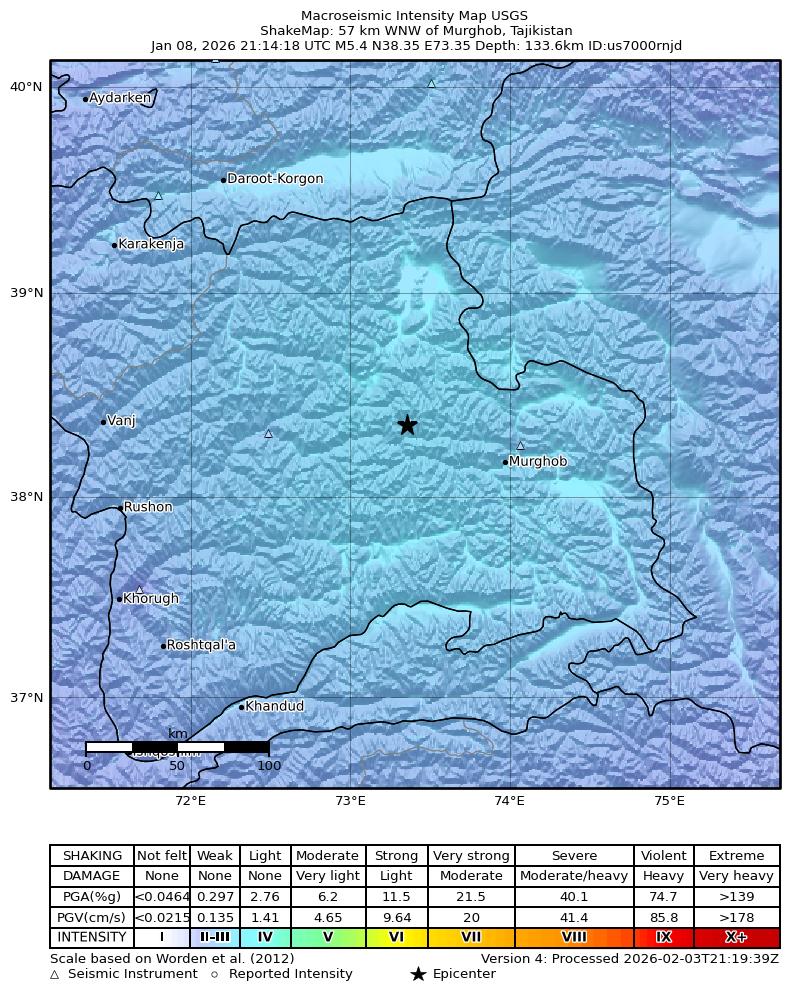 USGS ShakeMap intensity contours for the M5.4 earthquake near 57 km WNW of Murghob, Tajikistan