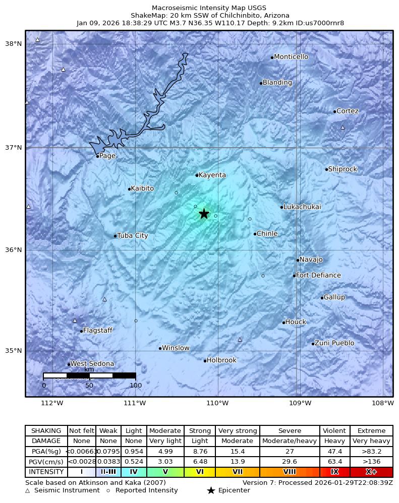 USGS ShakeMap intensity contours for the M3.7 earthquake near 20 km SSW of Chilchinbito, Arizona