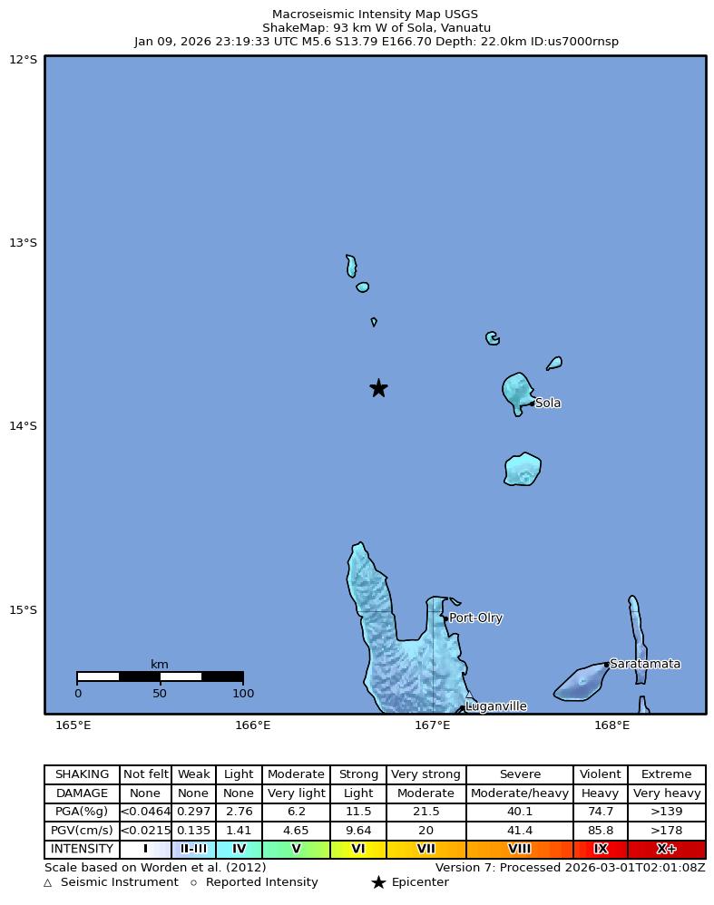 USGS ShakeMap intensity contours for the M5.6 earthquake near 93 km W of Sola, Vanuatu