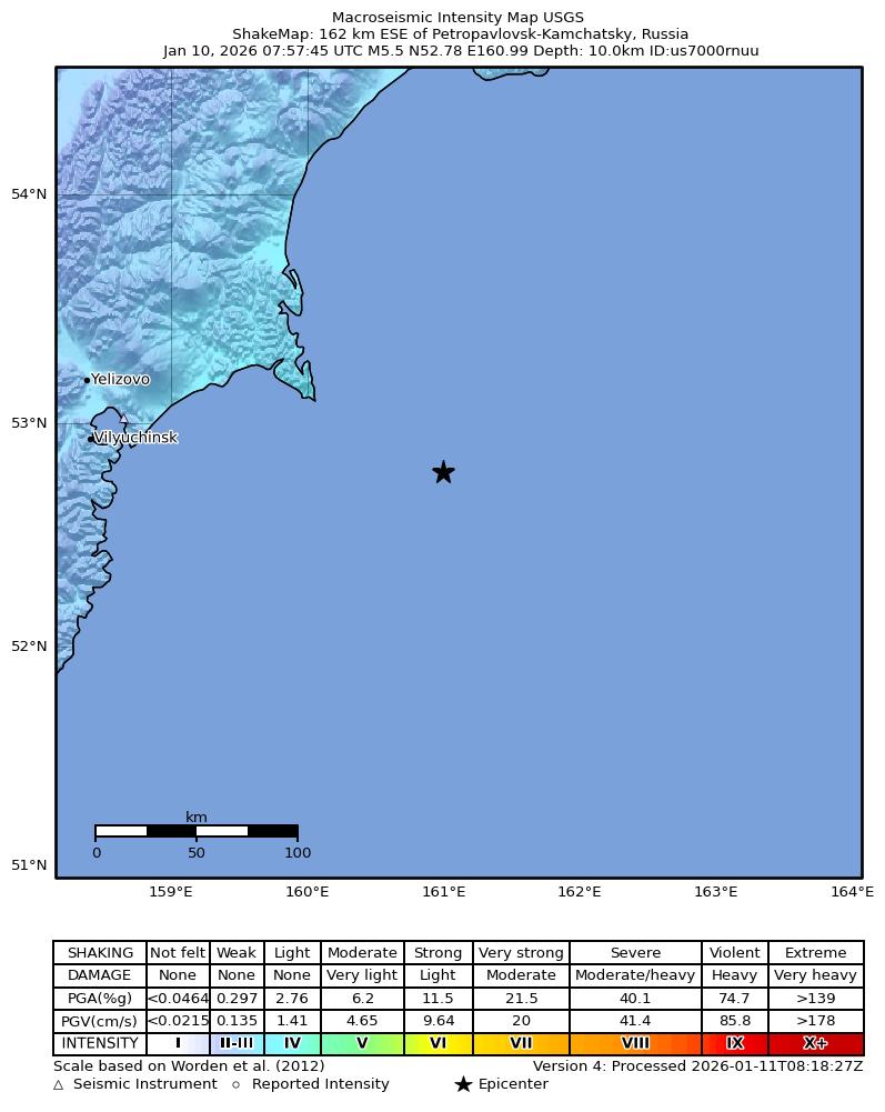 USGS ShakeMap intensity contours for the M5.3 earthquake near 167 km E of Petropavlovsk-Kamchatsky, Russia