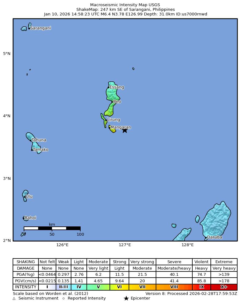 USGS ShakeMap intensity contours for the M6.4 earthquake near 247 km SE of Sarangani, Philippines
