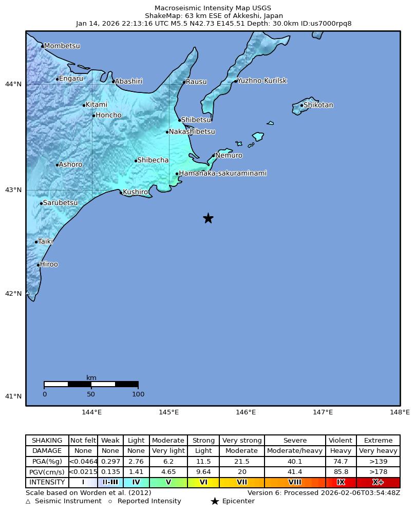 USGS ShakeMap intensity contours for the M5.5 earthquake near 63 km ESE of Akkeshi, Japan