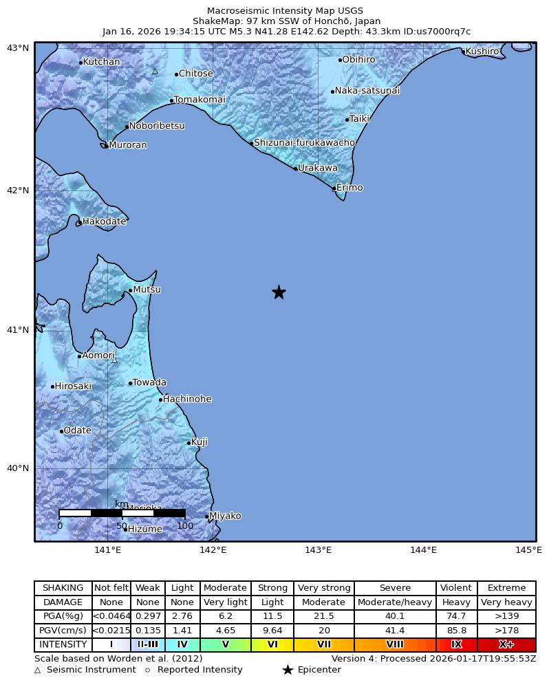 USGS ShakeMap intensity contours for the M5.3 earthquake near 97 km SSW of Honchō, Japan