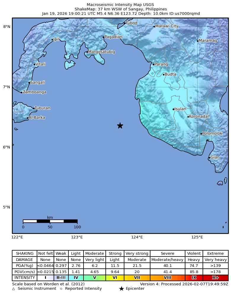 USGS ShakeMap intensity contours for the M5.4 earthquake near 37 km WSW of Sangay, Philippines
