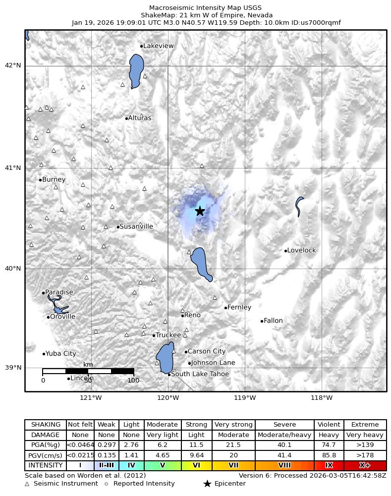 USGS ShakeMap intensity contours for the M3.5 earthquake near 21 km W of Empire, Nevada