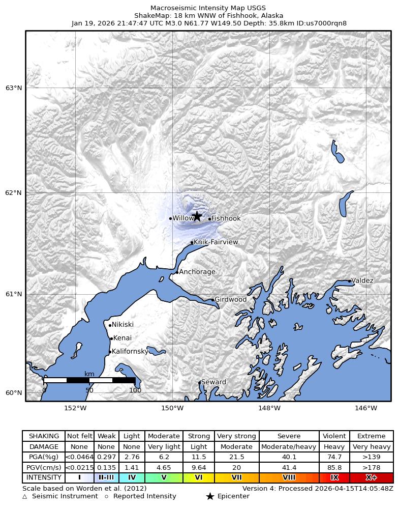 USGS ShakeMap intensity contours for the M3.0 earthquake near 18 km WNW of Fishhook, Alaska