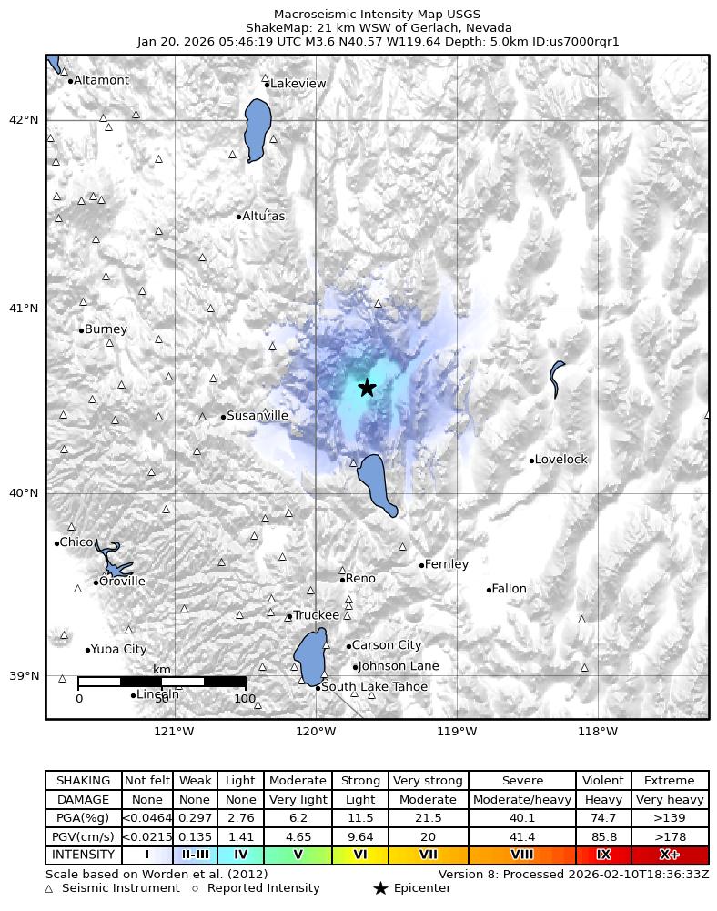 USGS ShakeMap: estimated shaking intensity around the epicenter