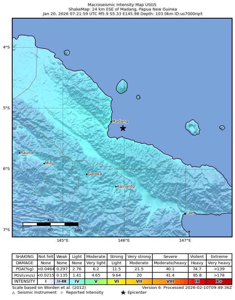 USGS ShakeMap intensity contours for the M5.9 earthquake near 24 km ESE of Madang, Papua New Guinea