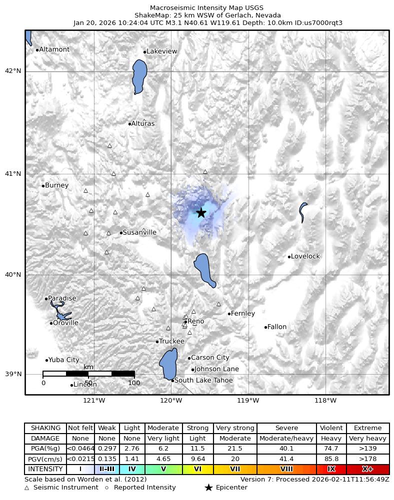 USGS ShakeMap: estimated shaking intensity around the epicenter
