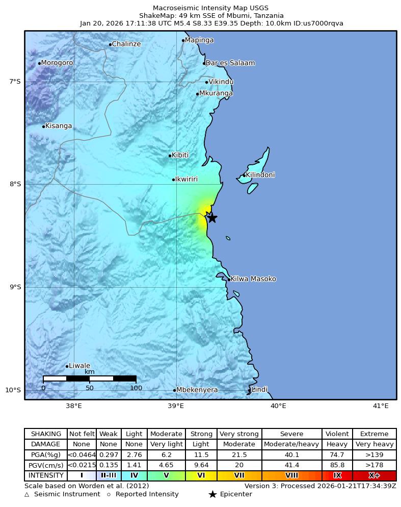 USGS ShakeMap intensity contours for the M5.3 earthquake near 40 km S of Mbumi, Tanzania