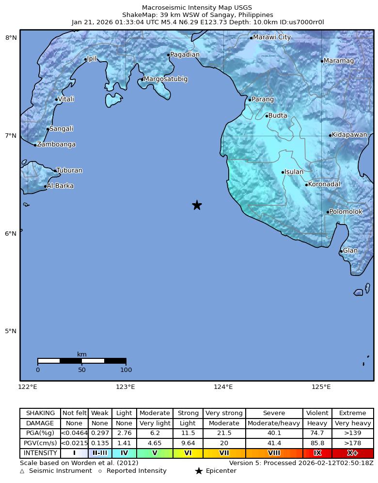 USGS ShakeMap intensity contours for the M5.4 earthquake near 39 km WSW of Sangay, Philippines