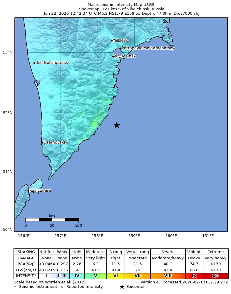USGS ShakeMap intensity contours for the M6.2 earthquake near 127 km S of Vilyuchinsk, Russia