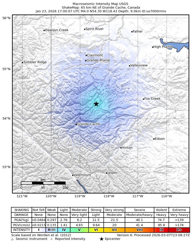 USGS ShakeMap intensity contours for the M4.0 earthquake near 65 km NE of Grande Cache, Canada