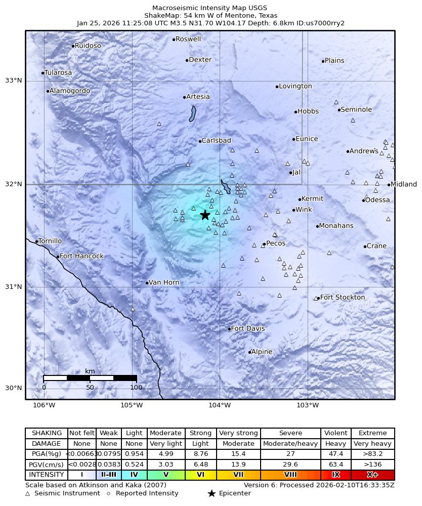 USGS ShakeMap: estimated shaking intensity around the epicenter