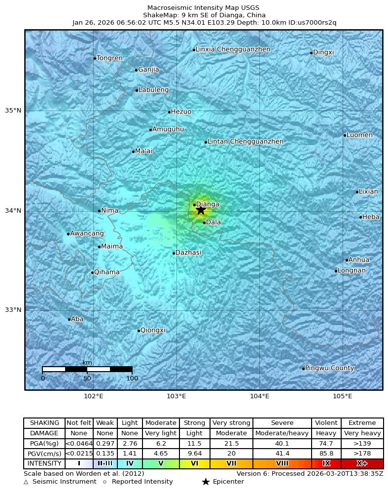 USGS ShakeMap intensity contours for the M5.5 earthquake near 9 km SE of Dianga, China
