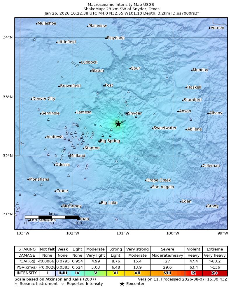 USGS ShakeMap: estimated shaking intensity around the epicenter