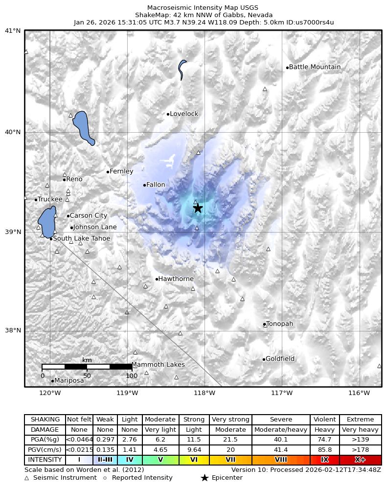 USGS ShakeMap: estimated shaking intensity around the epicenter