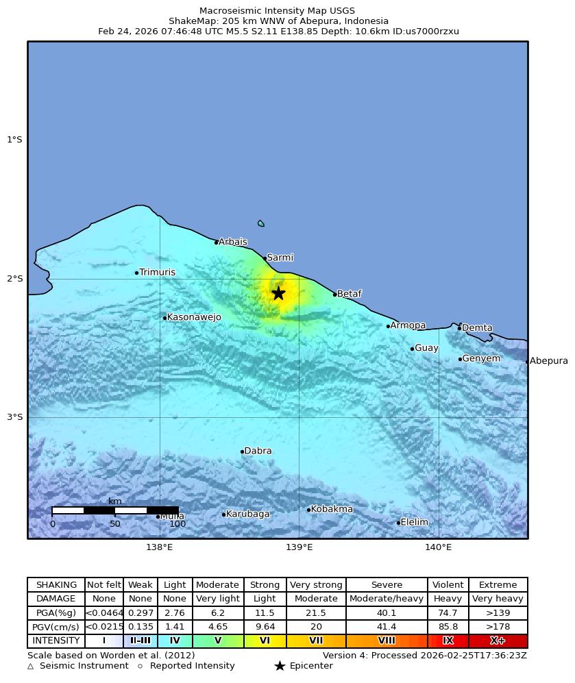 USGS ShakeMap intensity contours for the M5.3 earthquake near 206 km WNW of Abepura, Indonesia