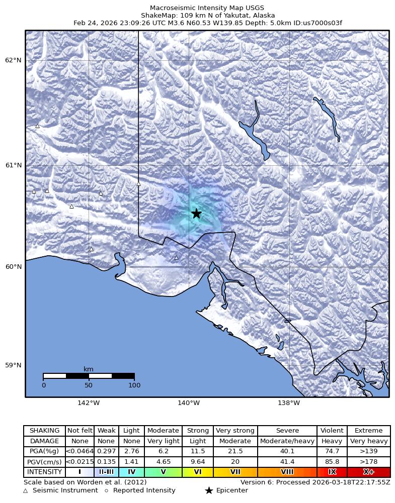 USGS ShakeMap intensity contours for the M3.6 earthquake near 109 km N of Yakutat, Alaska