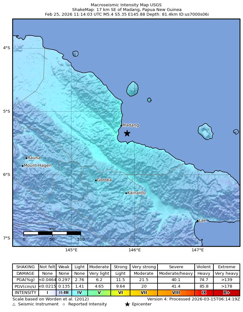 USGS ShakeMap intensity contours for the M5.4 earthquake near 17 km SE of Madang, Papua New Guinea