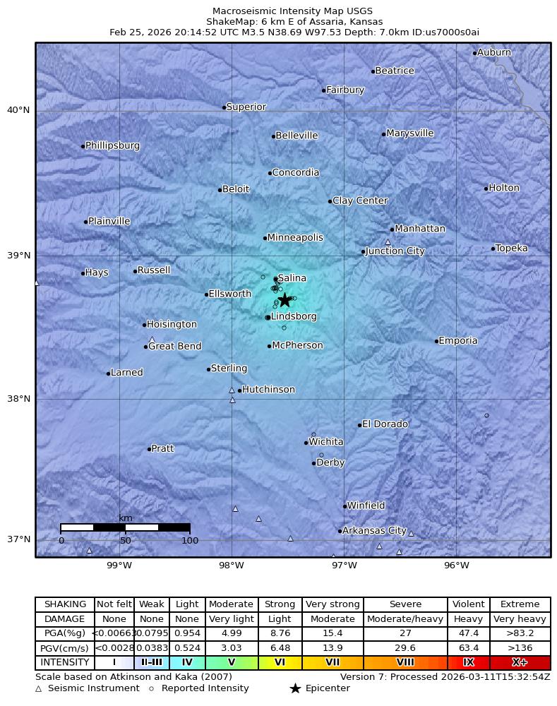 USGS ShakeMap intensity contours for the M3.5 earthquake near 6 km E of Assaria, Kansas