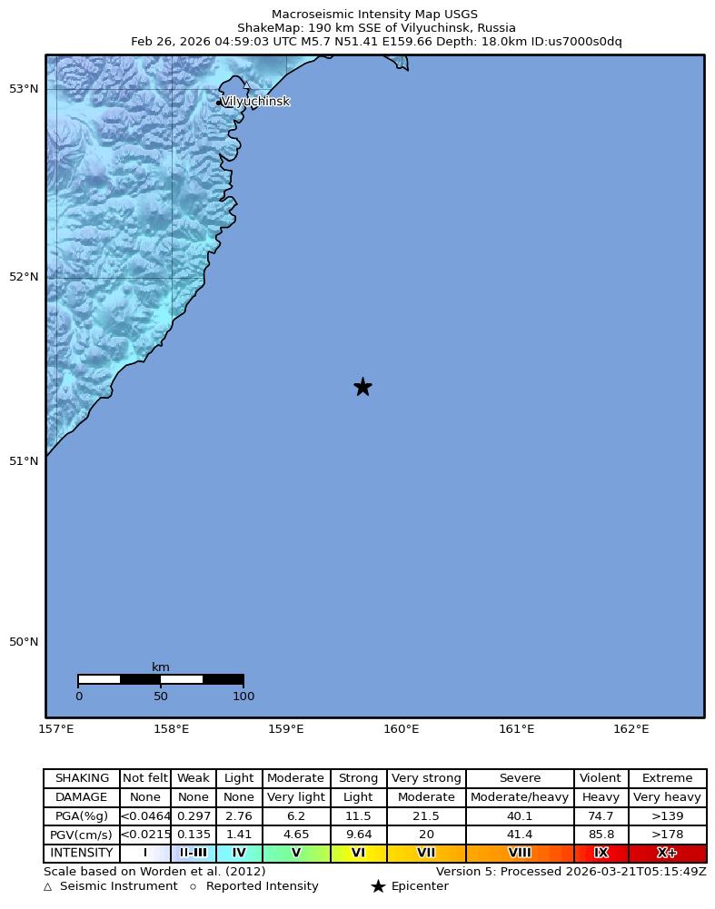 USGS ShakeMap intensity contours for the M5.7 earthquake near 190 km SSE of Vilyuchinsk, Russia