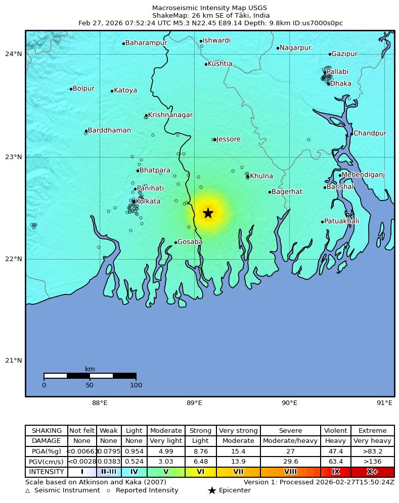 USGS ShakeMap intensity contours for the M5.0 earthquake near 24 km SSE of Sātkhira, Bangladesh