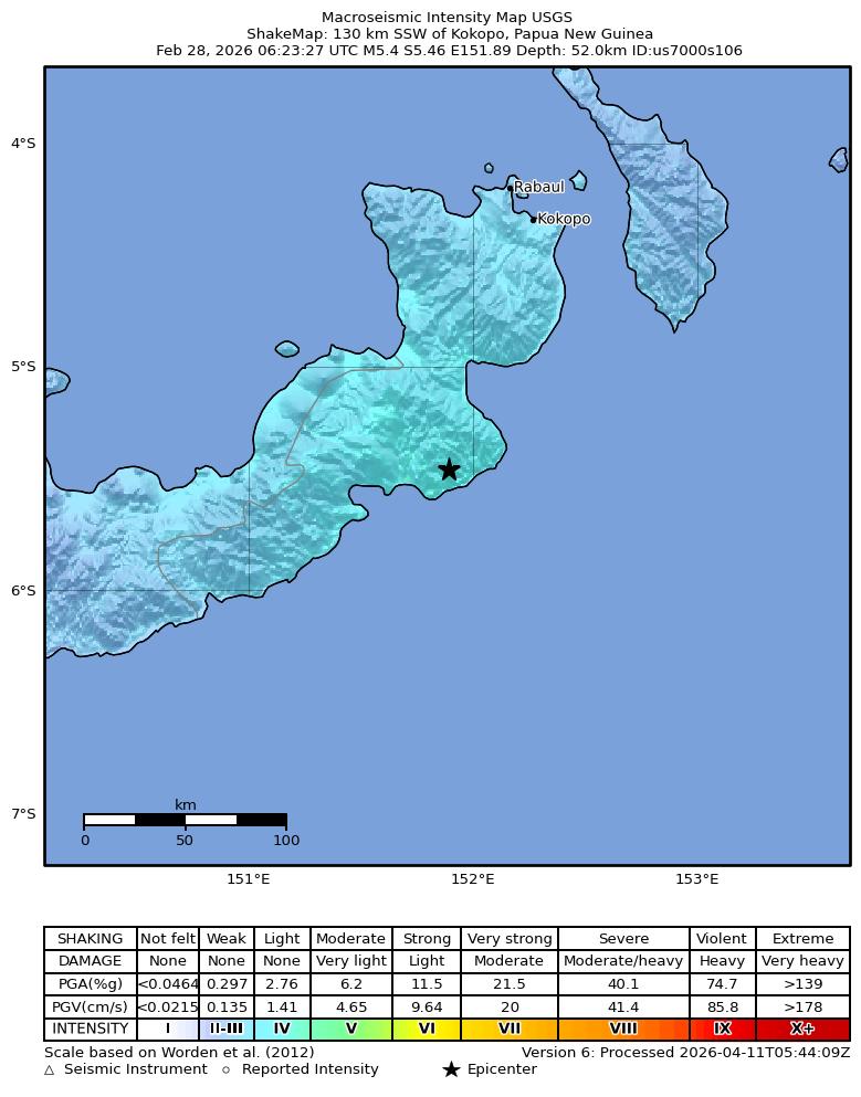 USGS ShakeMap intensity contours for the M5.4 earthquake near 130 km SSW of Kokopo, Papua New Guinea