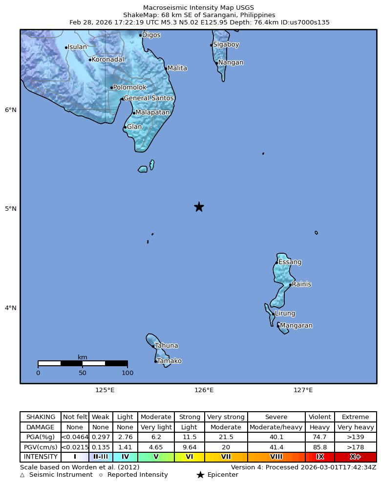 USGS ShakeMap intensity contours for the M5.3 earthquake near 67 km SE of Sarangani, Philippines