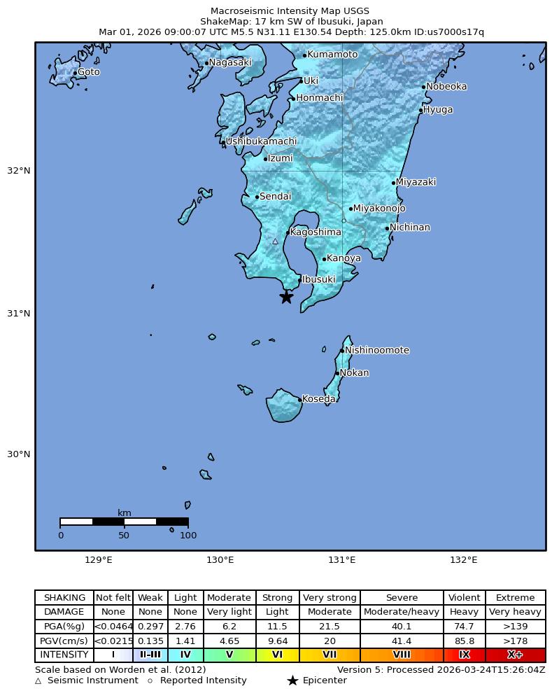 USGS ShakeMap intensity contours for the M5.5 earthquake near 17 km SW of Ibusuki, Japan