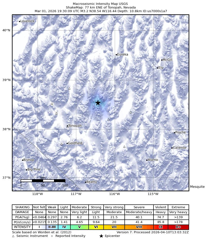 USGS ShakeMap intensity contours for the M3.5 earthquake near 77 km ENE of Tonopah, Nevada