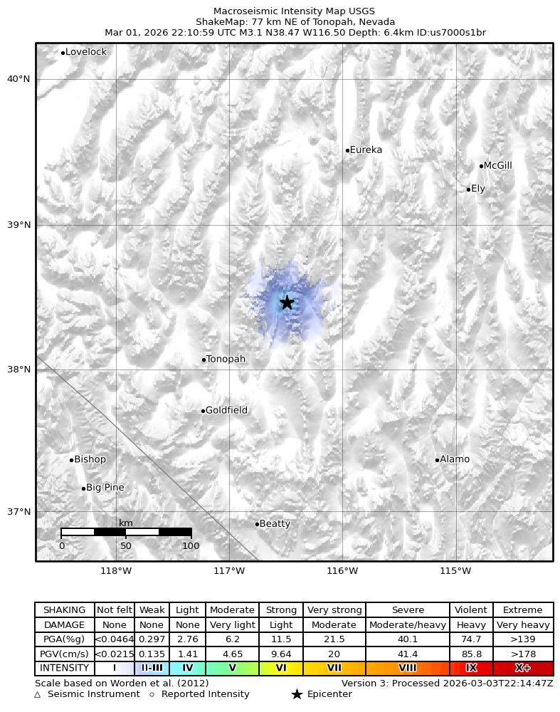 USGS ShakeMap intensity contours for the M3.1 earthquake near 77 km NE of Tonopah, Nevada