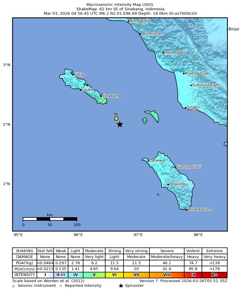 USGS ShakeMap intensity contours for the M6.2 earthquake near 62 km SE of Sinabang, Indonesia