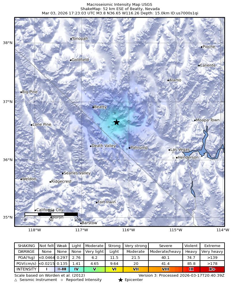 USGS ShakeMap intensity contours for the M3.8 earthquake near 52 km ESE of Beatty, Nevada
