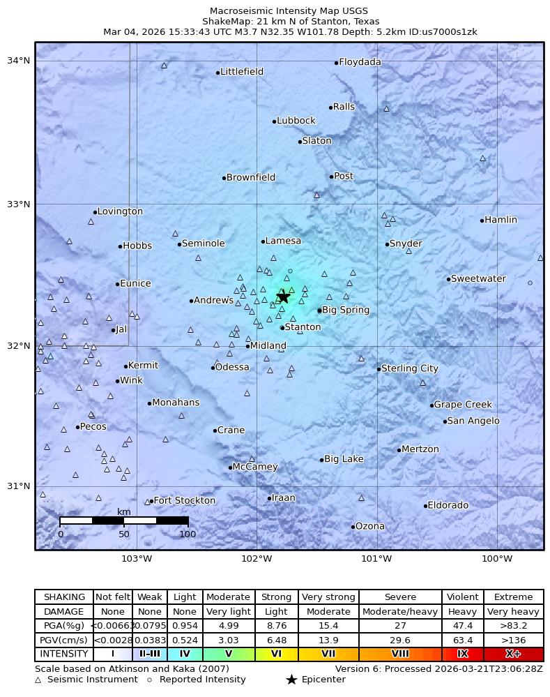 USGS ShakeMap: estimated shaking intensity around the epicenter