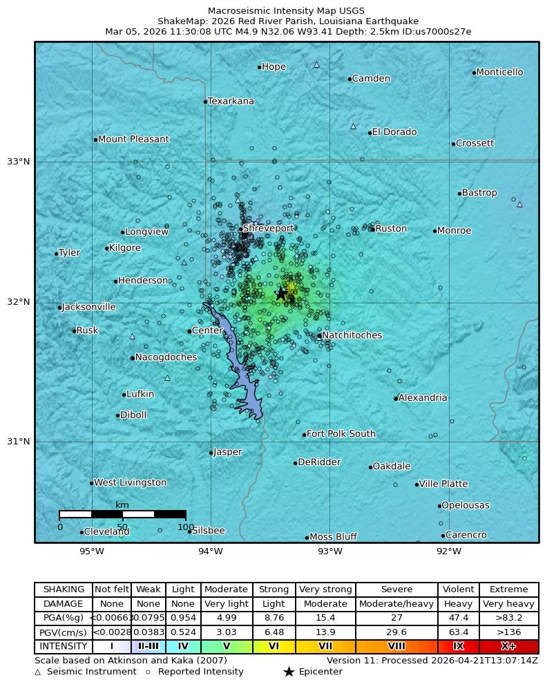 USGS ShakeMap intensity contours for the M4.9 earthquake near 2026 Red River Parish, Louisiana Earthquake