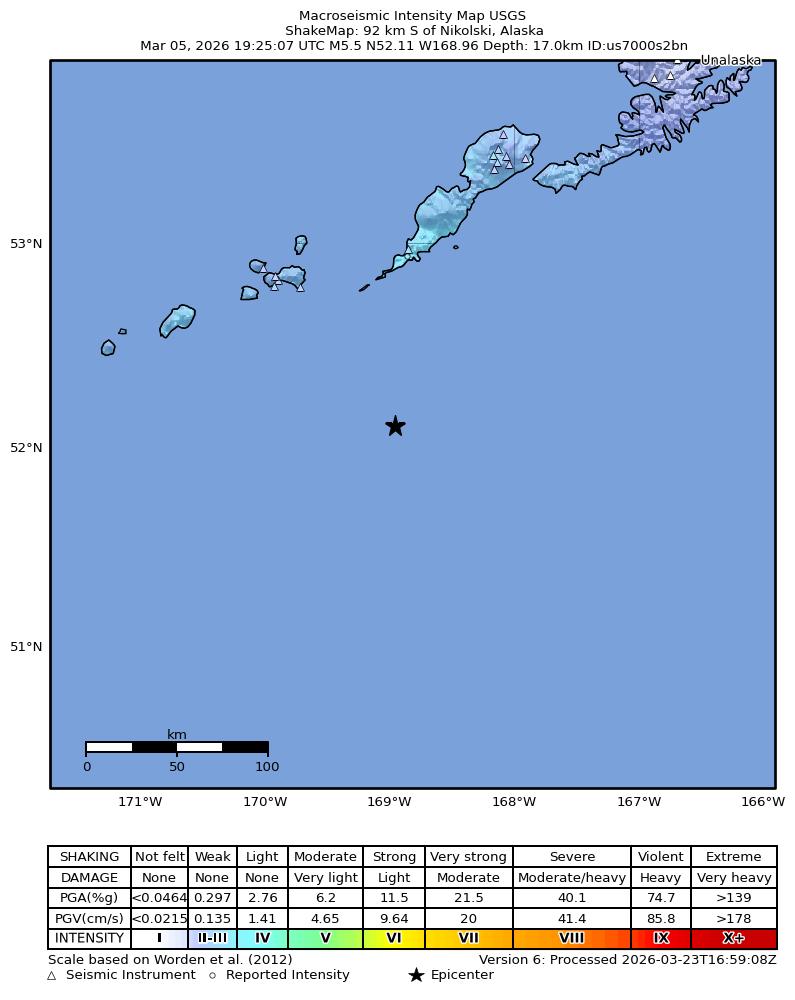 USGS ShakeMap intensity contours for the M5.5 earthquake near 92 km S of Nikolski, Alaska
