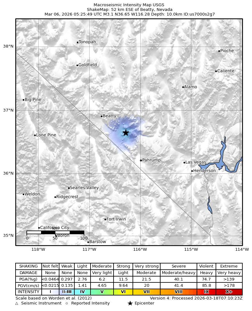 USGS ShakeMap: estimated shaking intensity around the epicenter