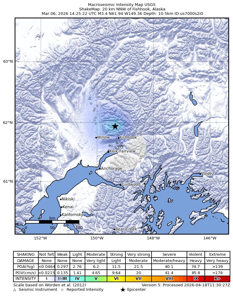 USGS ShakeMap: estimated shaking intensity around the epicenter
