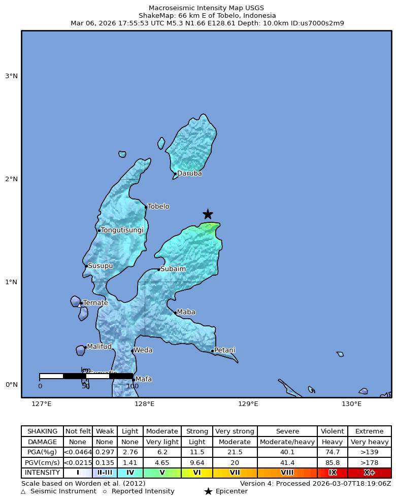 USGS ShakeMap intensity contours for the M5.3 earthquake near 66 km E of Tobelo, Indonesia