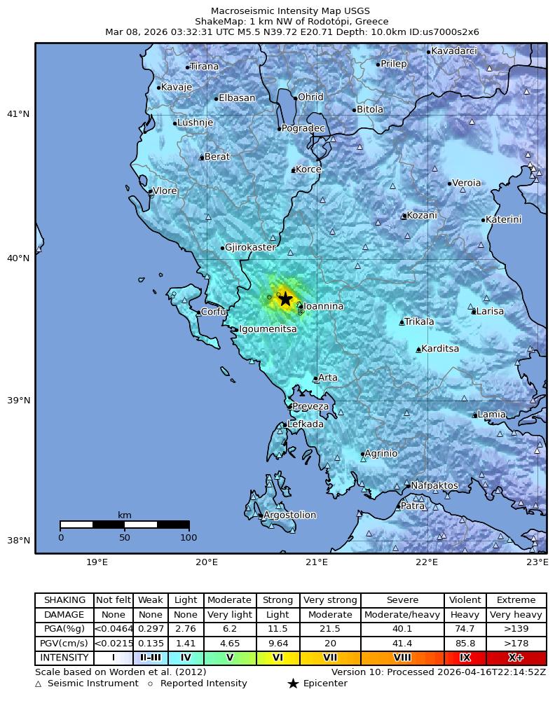 USGS ShakeMap intensity contours for the M5.5 earthquake near 1 km NW of Rodotópi, Greece