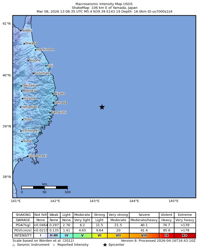 USGS ShakeMap intensity contours for the M5.4 earthquake near 106 km E of Yamada, Japan