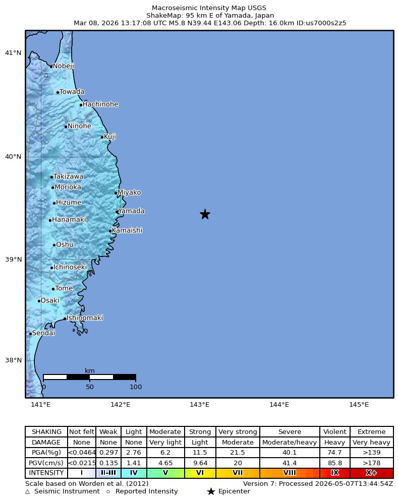 USGS ShakeMap intensity contours for the M5.8 earthquake near 95 km E of Yamada, Japan